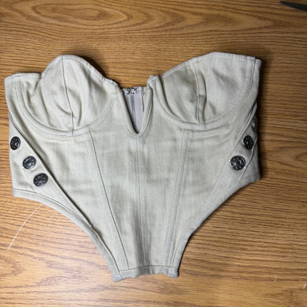 White Fox Boutique Tan Denim Corset Top Bustier V-Neck Boned XS